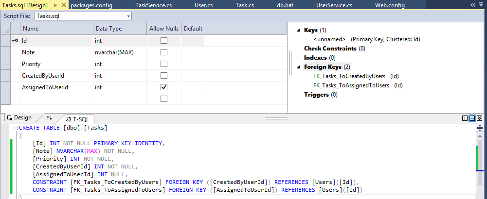 Tasks table - Visual Studio Designer